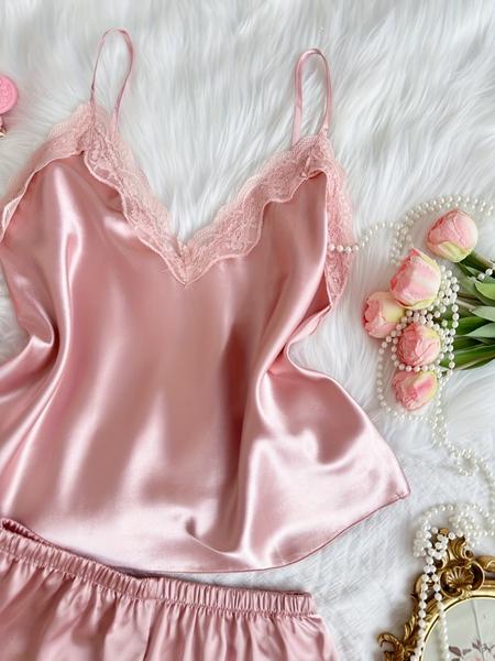 Luxurious Contrast Lace Satin Pajama Set, Elegant Sleep & Leisure Wear, Comfortable Women's Nightwear, Stylish Design