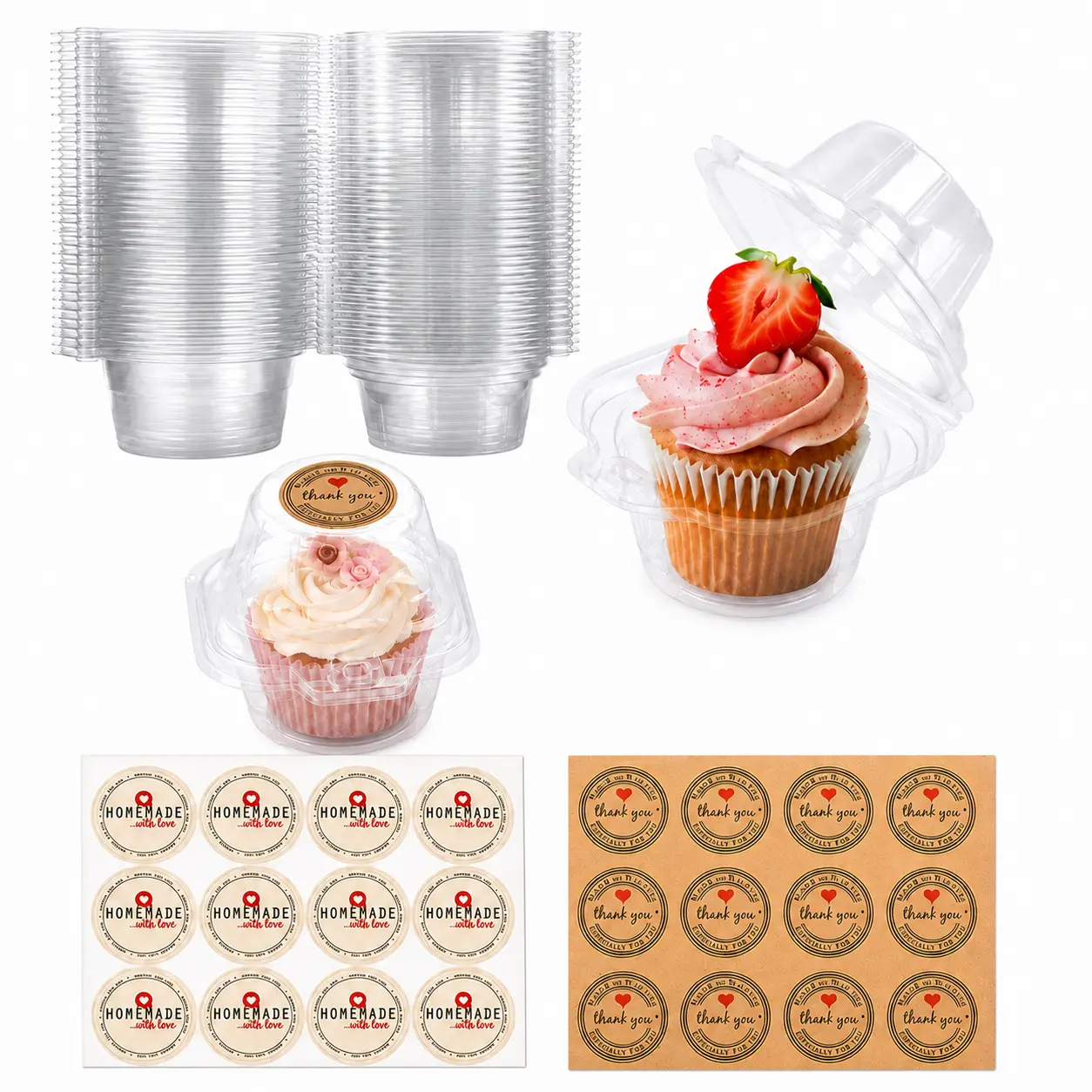 122PCS, 50 Pack Individual Cupcake Containers with 72 Sticker Labels, Plastic Cupcake Boxes with Dome Lids, Stackable Clear Cupcake Holders for Cupcakes, Muffins, Donuts, Mini Cakes, Baking, Parties, Weddings and Picnics