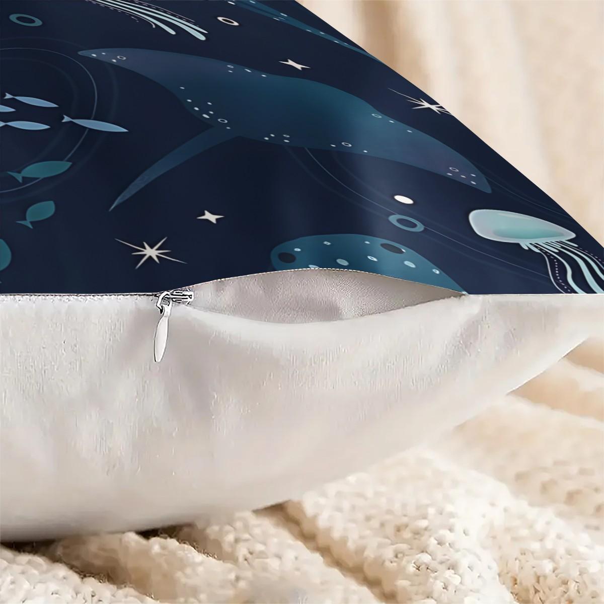 Deep-Sea Creature Patterned Throw Pillows, a Lively Hammerhead Shark and Jellyfish, 45cm Square and Include a Pillow Insert. Perfect Choice for Ocean-Themed Decor, Offering Soft Comfort and an Ideal Addition to Sofas and Bedrooms.