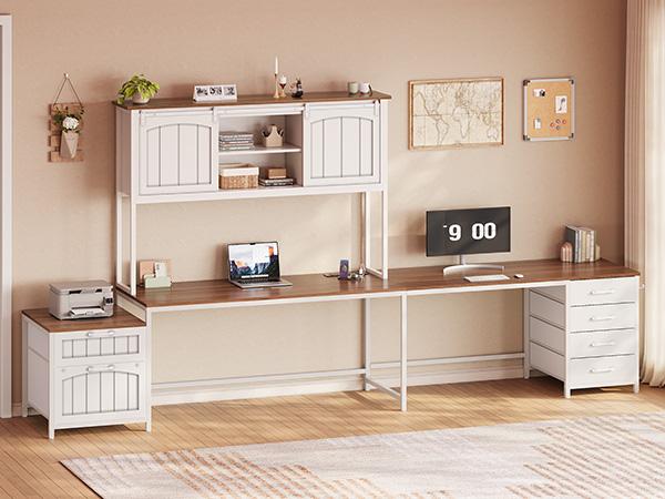 SEDETA 63 Inch Farmhouse L Shaped Office Desk with 6 Drawers Reversible Computer Corner Desk with Power Outlet and Hutch