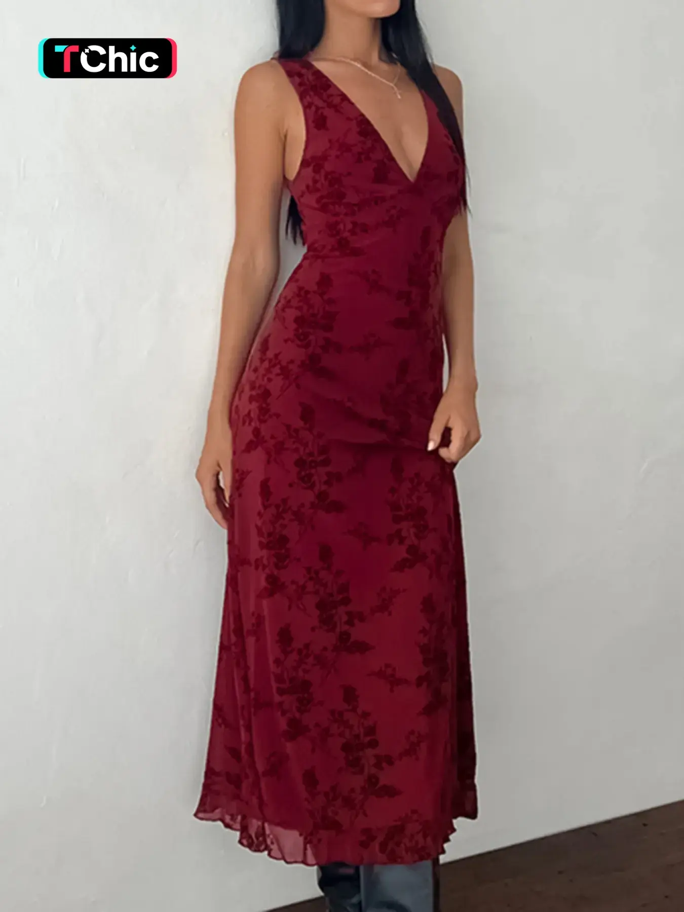 Women's Floral Print Knit Deep V Neck A Line Dress, Elegant Sleeveless Plunge Neck Bodycon Long Dress, Ladies Floral Formal Summer Clothes for Party Holiday Wedding Guest, Summer Dresses