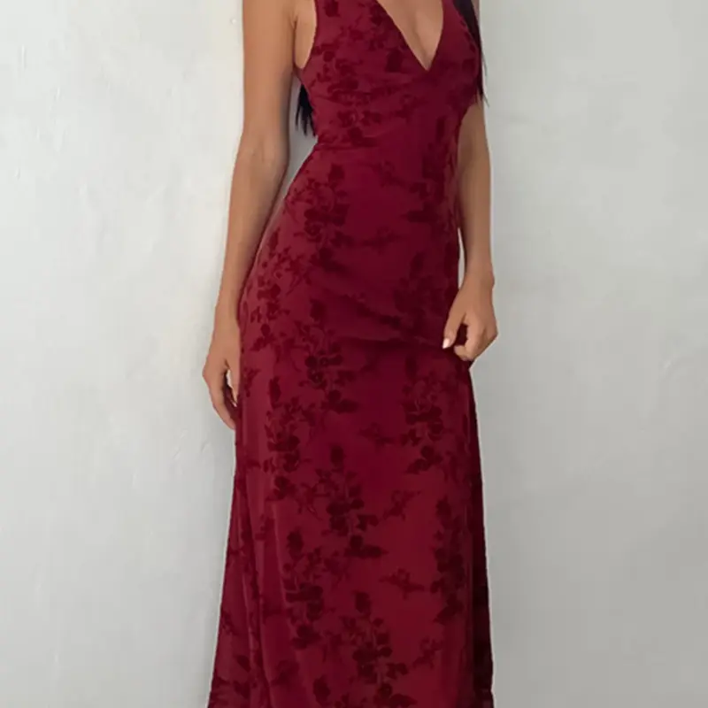 【Black Friday】Women's Floral Print Deep V Neck A Line Dress, Elegant Aesthetic Sleeveless Long Dress, Ladies Clothes for Party, Holiday & Wedding Guest
