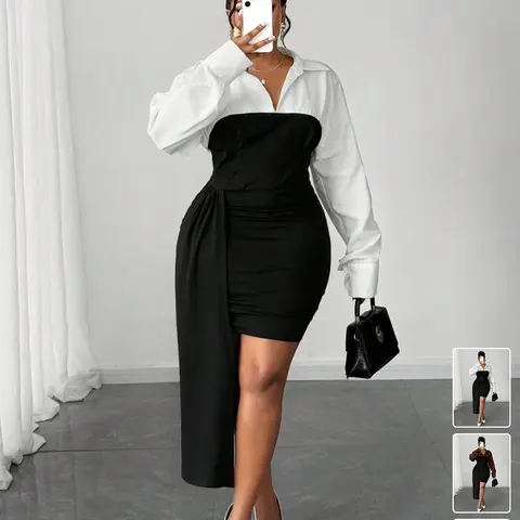 Plus Size Color Block Shirt Sleeve Strapless Bodycon Dress, Black White Fake Two Piece Ruched Side Sash Asymmetrical Mini Dress, Curvy Flattering Elegant Formal Office Outfit, Perfect for Work Commute, Business Gathering, Date Dinner, Birthday Party