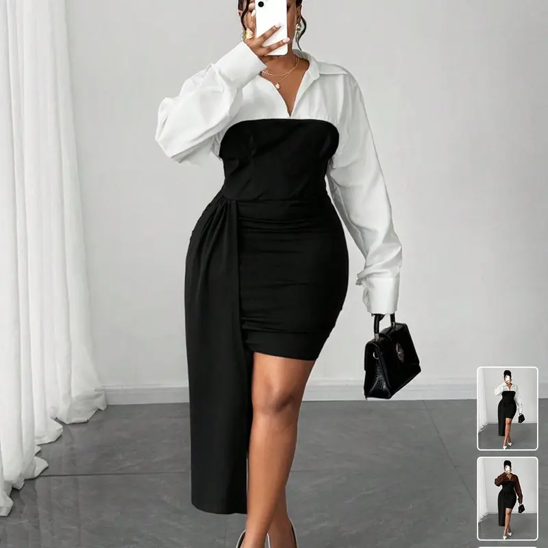 Plus Size Color Block Shirt Sleeve Strapless Bodycon Dress, Black White Fake Two Piece Ruched Side Sash Asymmetrical Mini Dress, Curvy Flattering Elegant Formal Office Outfit, Perfect for Work Commute, Business Gathering, Date Dinner, Birthday Party