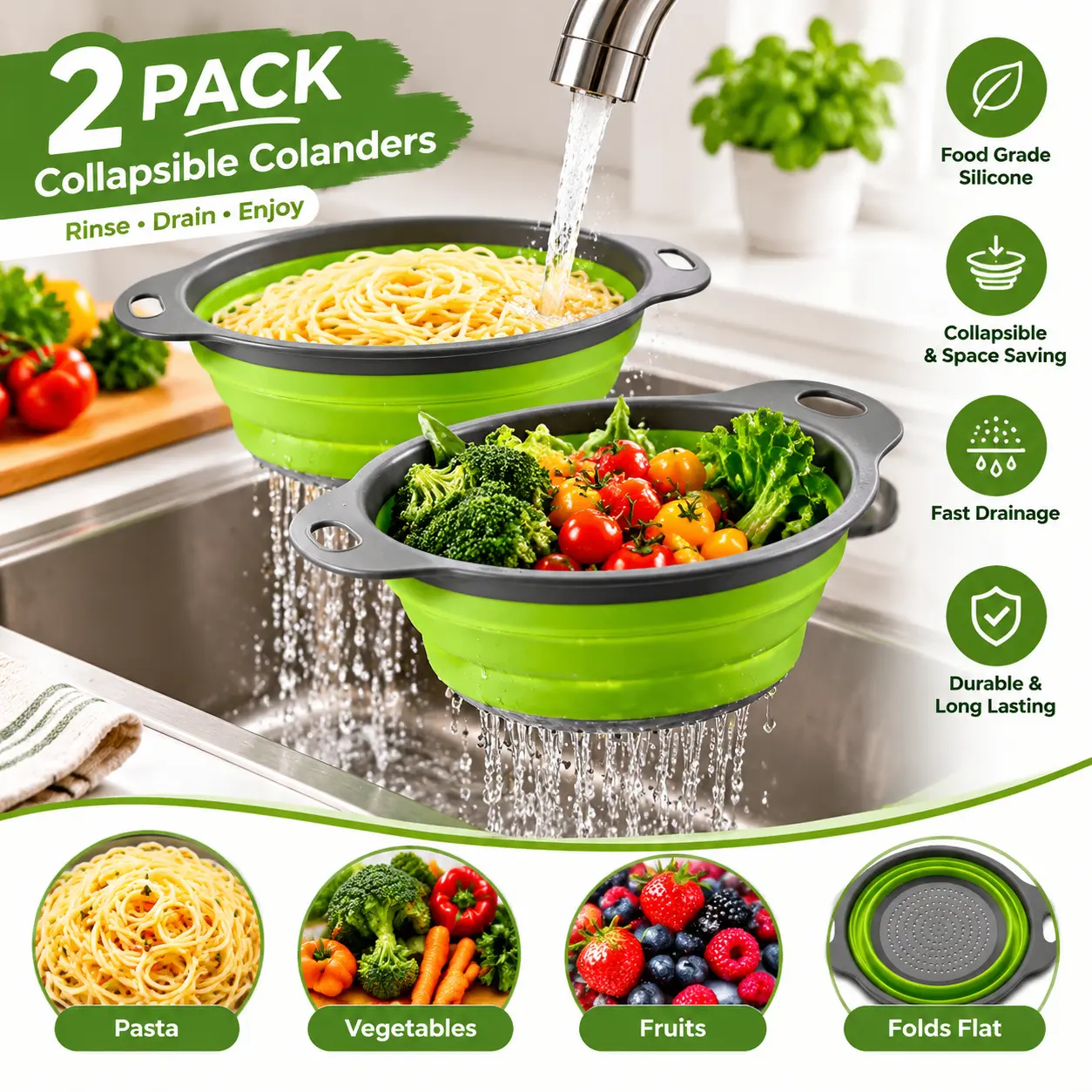 2 Pack Collapsible Colander Set, Round Silicone Kitchen Strainers with Handles, Foldable Space-Saving Food Strainer for Draining Pasta, Fruits and Vegetables, Small, Green