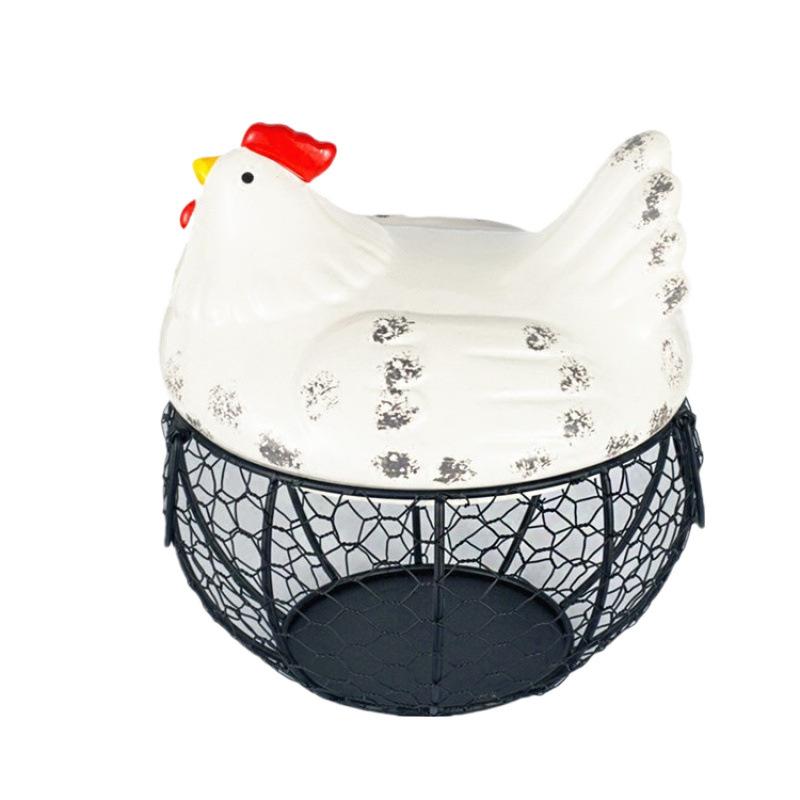 Farmhouse Style Ceramic Chicken Egg Basket with Metal Wire and Lid, Decorative Multi-Functional Kitchen Storage Box for Eggs Fruits Vegetables