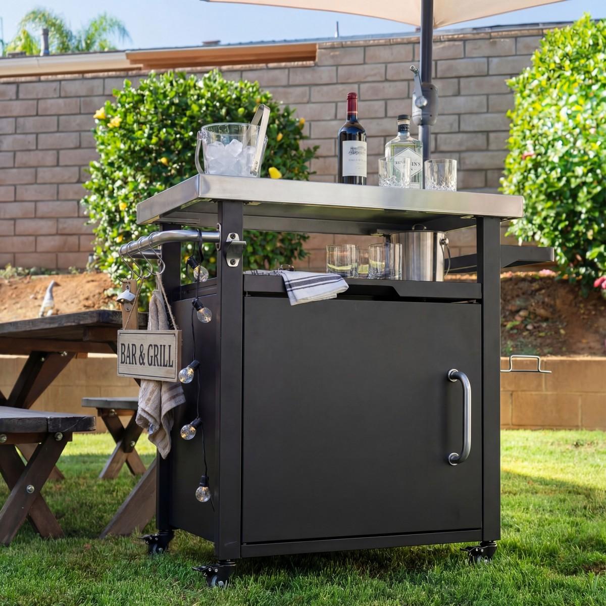 39.5" Outdoor Grill Cart with Storage Cabinet, Outdoor Bar Cart Pizza Oven Table with Wheels, Stainless Steel Top, Outdoor Kitchen Island with Spice & Paper Rack for BBQ, Waterproof Cover Included 39.5" Outdoor Grill Cart with Storage Cabinet, Outdoor Bar Cart Pizza Oven Table with Wheels, Stainless Steel Top, Outdoor Kitchen Island with Spice & Paper Rack for BBQ, Waterproof Cover Included