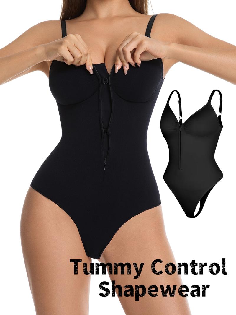 Women's Seamless Shapewear Bodysuit, Front Zipper Design, Tummy Control Thong Style, All Seasons Wearable, Comfortable Fit