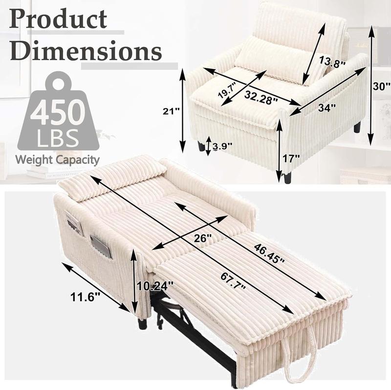 3 in 1 Convertible Sleeper Chair, Pull Out Sofa Bed with Adjustable Backrest & Storage Pockets, Recliner Chair Bed, Modern Corduroy Chaise Lounge for Bedroom Living Room Small Space (Beige) 3 in 1 Convertible Sleeper Chair, Pull Out Sofa Bed with Adjustable Backrest & Storage Pockets, Recliner Chair Bed, Modern Corduroy Chaise Lounge for Bedroom Living Room Small Space (Beige)