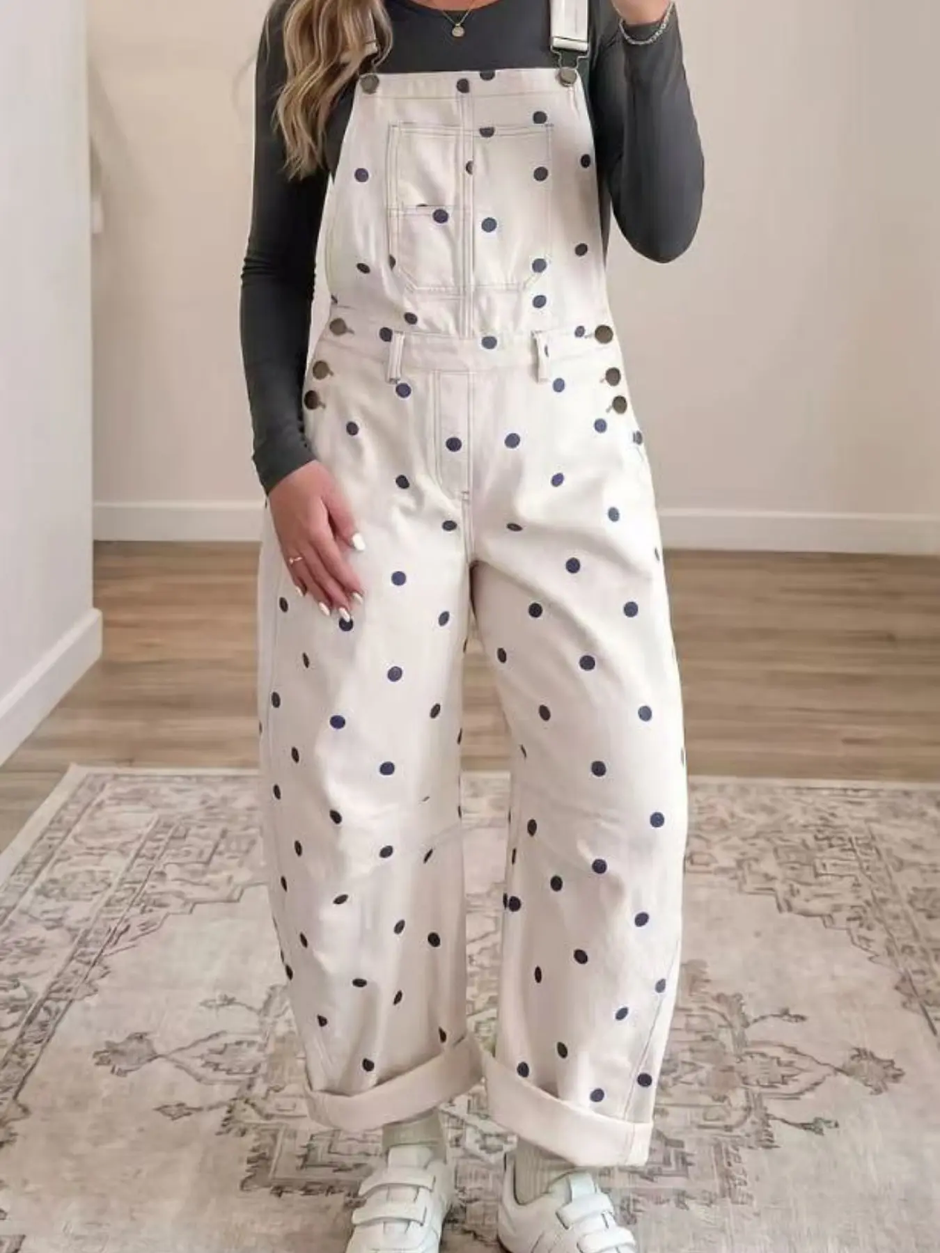 Molypark Women's Polka Dot Denim Jumpsuit, Y2K Retro Loose Fit Adjustable Straps, Casual Streetwear for All Seasons