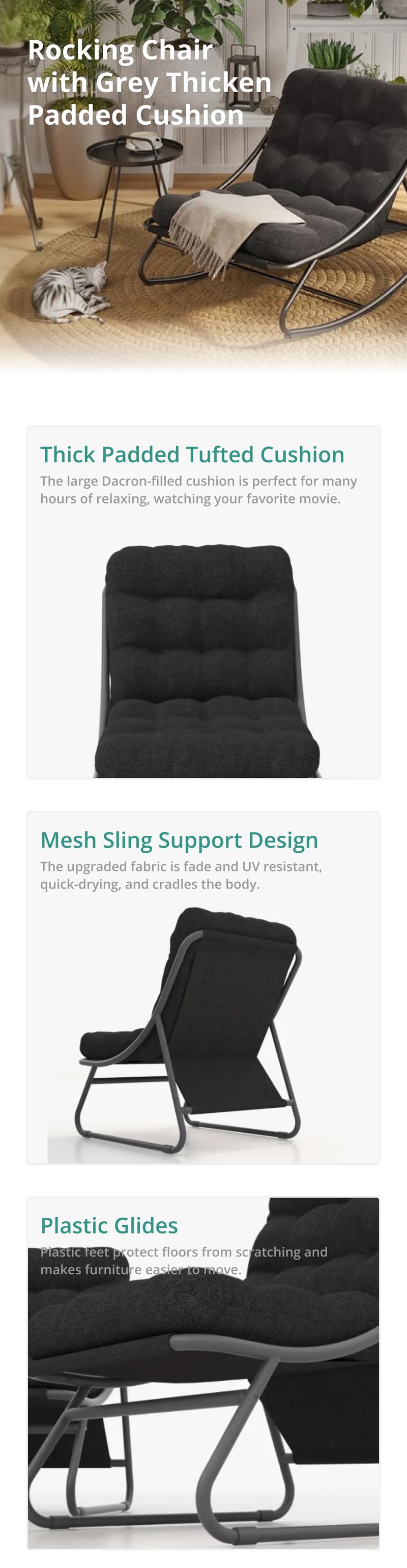 GRAND PATIO Indoor & Outdoor Rocking Chair with Thicken Dark Grey Cushion for Patio, Porch, Garden Modern Design