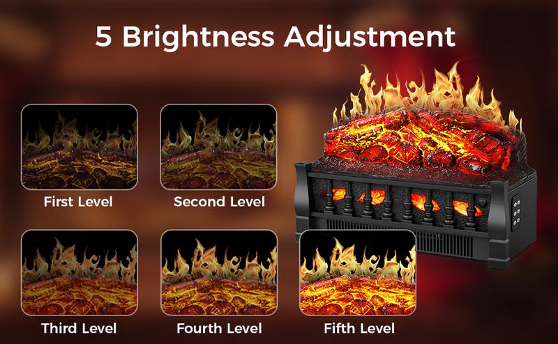 Electric Fireplace Insert Log Heater 21",750W/1500W Adjustable 5 Flame Brightness&Speed, Fireplace Insert with Realistic Ember Bed&Traditional Brown Log,Overheat Protection&Remote Control