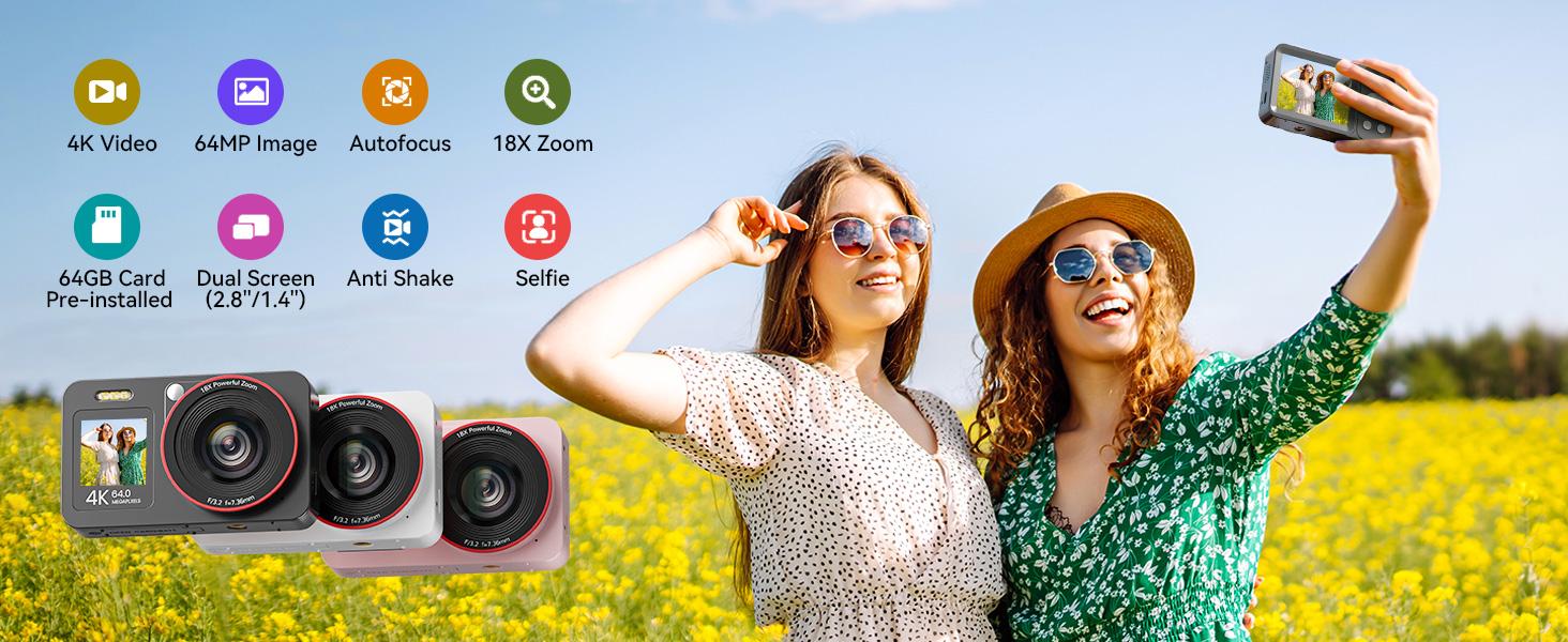 Deatti 4K Digital Camera, 1 Count 64MP Auto FocusDigital Camera,junior camera  Compact & Portable Camerawith 64G Memory Card & Battery,Compact 4K Digital Camera with Accessories Gifts for kids Black Flash