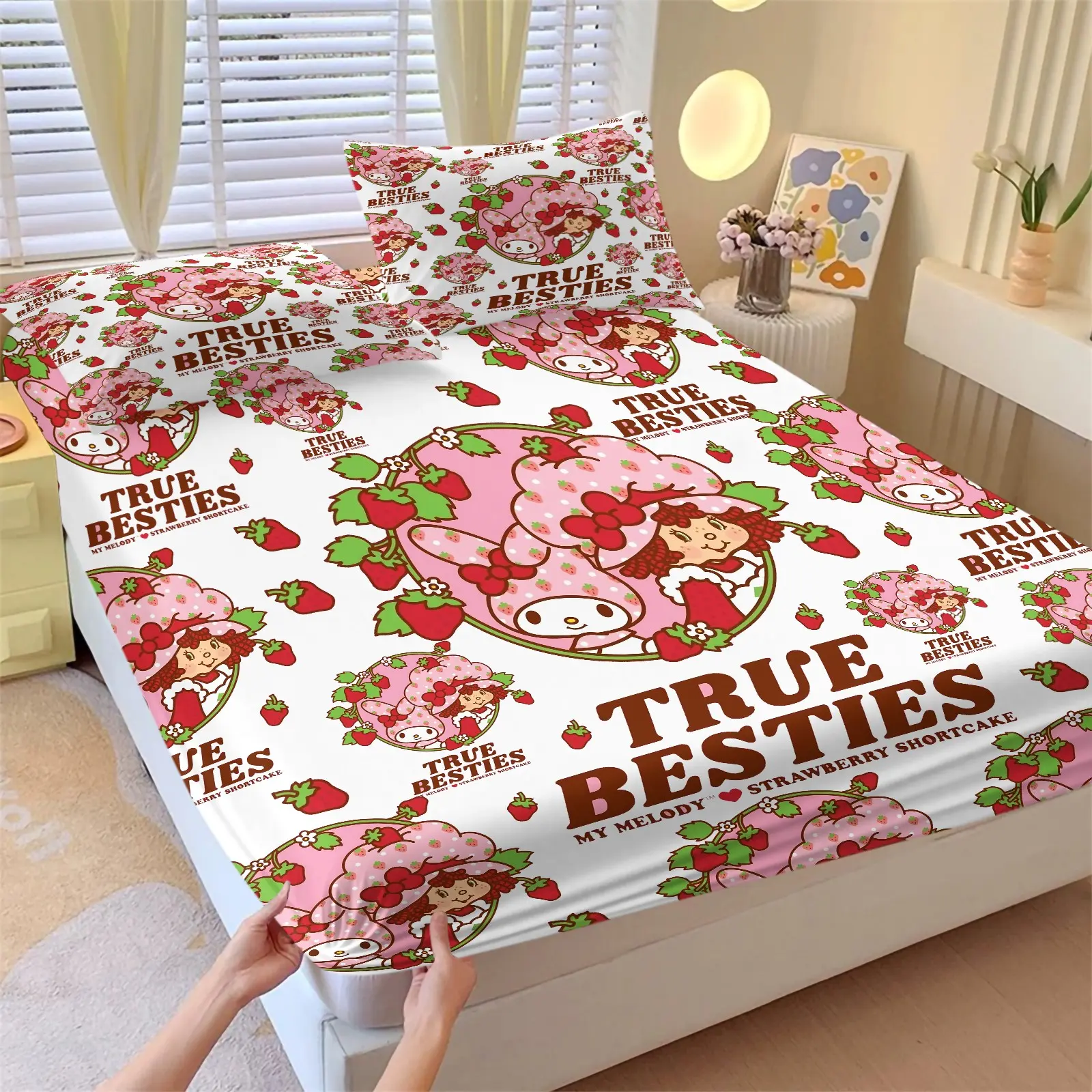 Vintage Cartoon Strawberry Girl and Long-Eared Rabbit Print Fitted Sheet Set, 1 Bed Sheet + 2 Pillowcases, Soft Non-Slip Deep Pockets, Cute Bedding, Perfect for Cartoon Fans Bedroom and Kids Room Decor Gift Choice