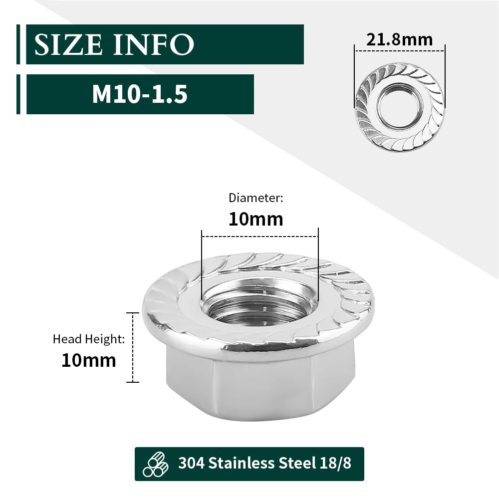 M10-1.5 (20 pcs) Serrated Flange Hex Nuts, Hexagon Flange Nuts 304 Stainless Steel 18-8, Bright Finish, Full Thread, DIN6923