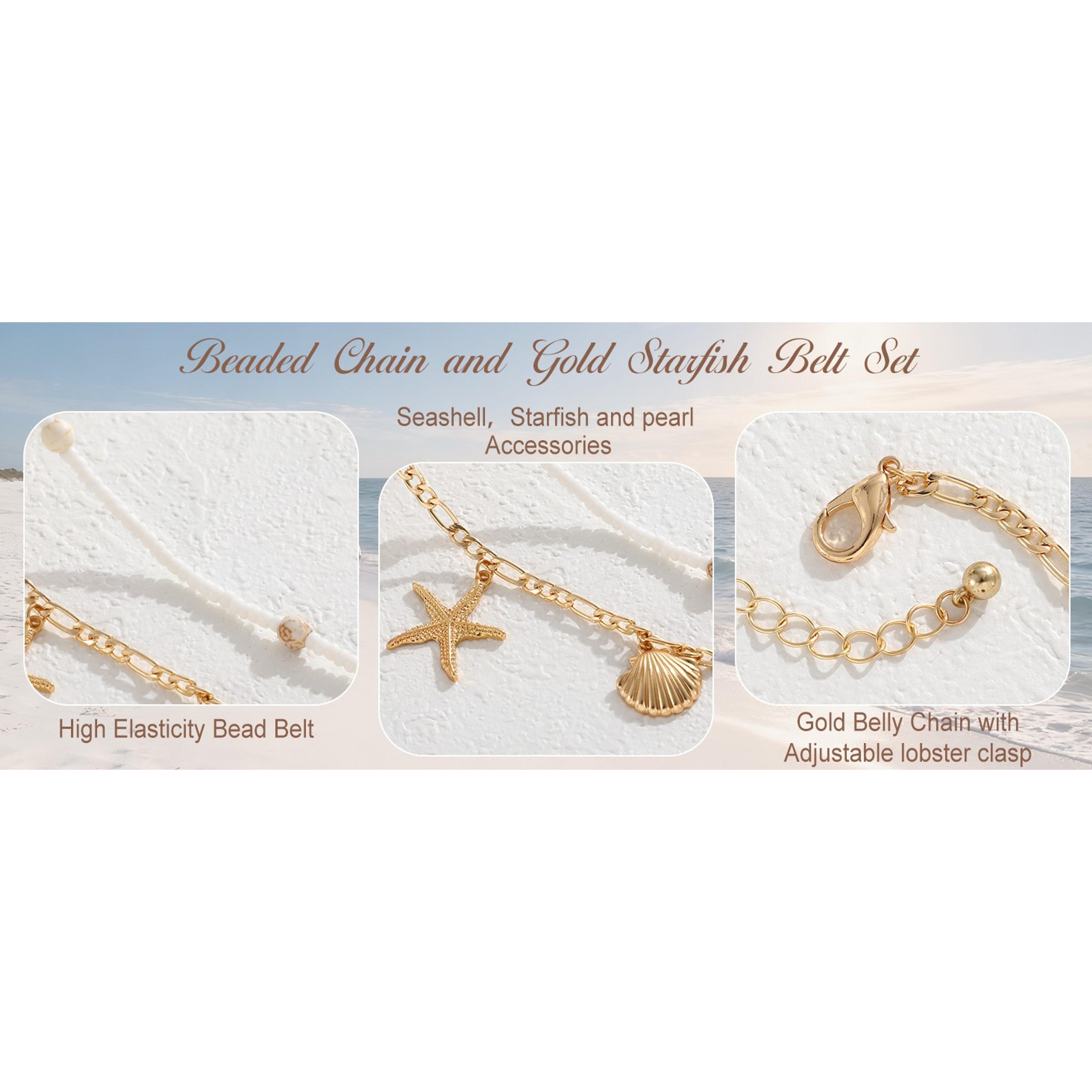 Starfish Pearl Waist Chain for Women - Mermaid Seashell Belly Chain, Gold Pirate Rave Festival Summer Bikini Beach Jewelry Accessories(Gift)