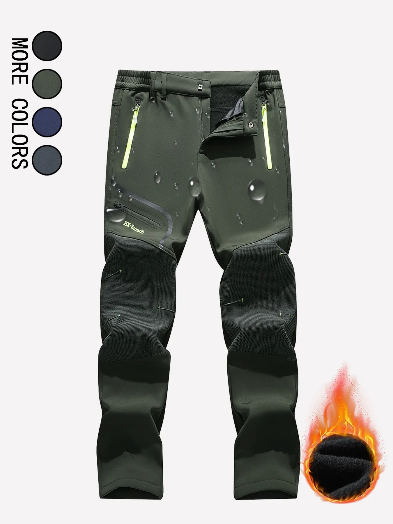 Men's Solid Color Letter Patched Zipper Pants, Casual Comfort Waterproof Soft Shell Warm Lining Outdoor Activity Pants
