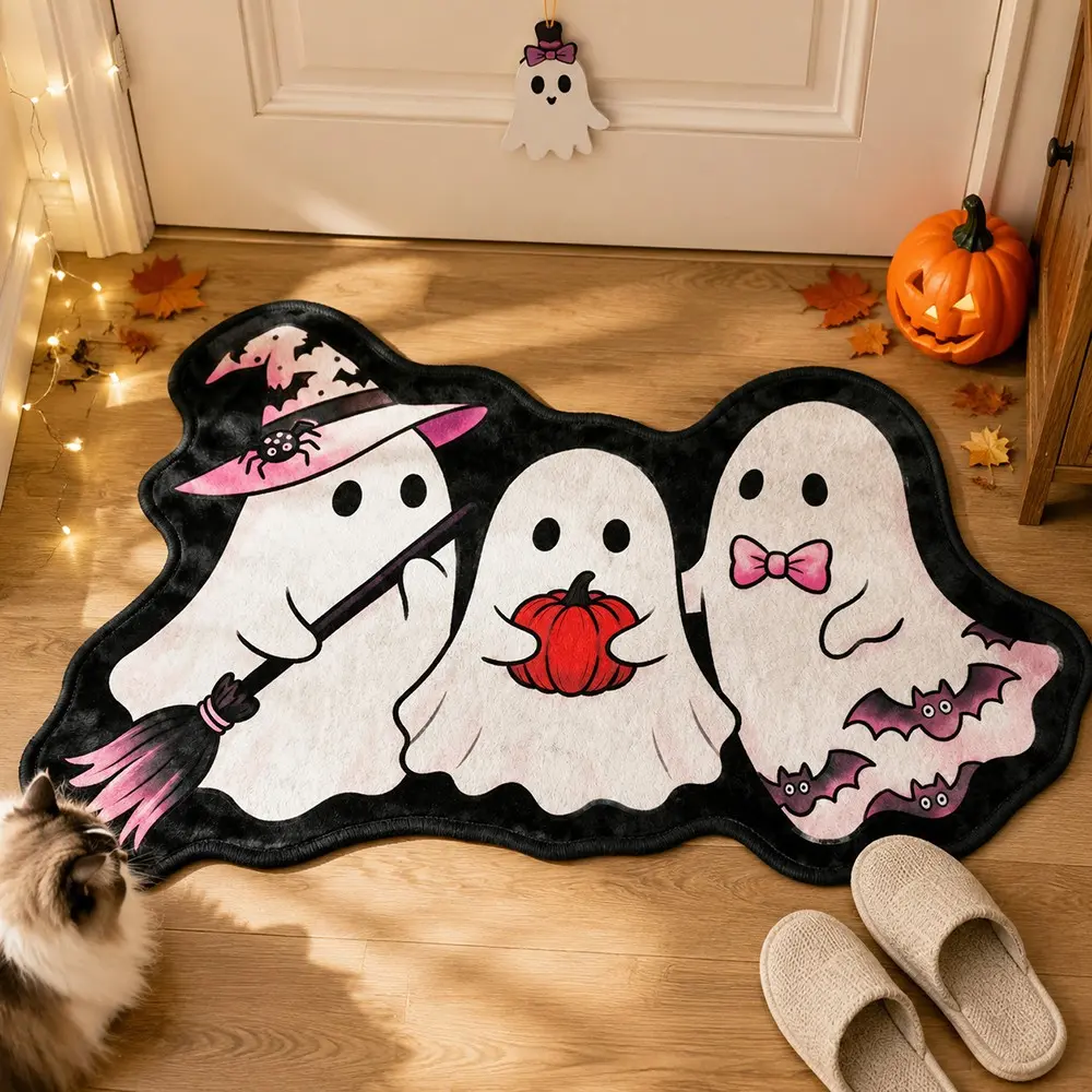Halloween Three Cute Ghosts Shaped Velvet Rug, Witch Hat Broom Pumpkin Bow Bat Spider Irregular Non Slip Doormat, Pastel Spooky Gothic Floor Mat for Entryway Bedroom Halloween Home Decor