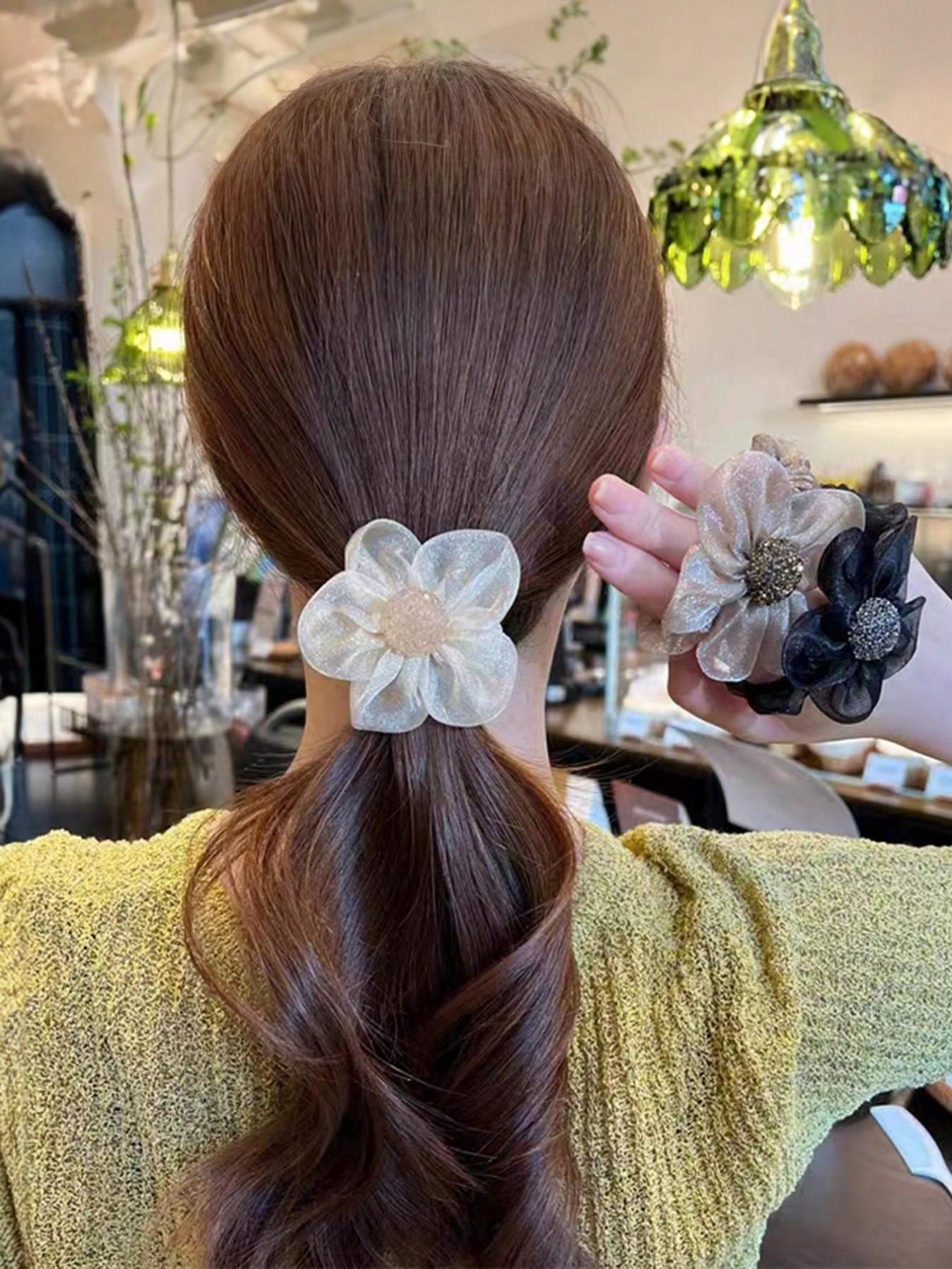 3pcs-Girls-Floral-Hair-Accessories-Set-For-Buns-Including-Beige-Organza-Flower-Hair-Elastic-Brown-Flower-Hair-Clip-And-Black-Hair-Tie-That-Are-Suitable-For-Daily-Life