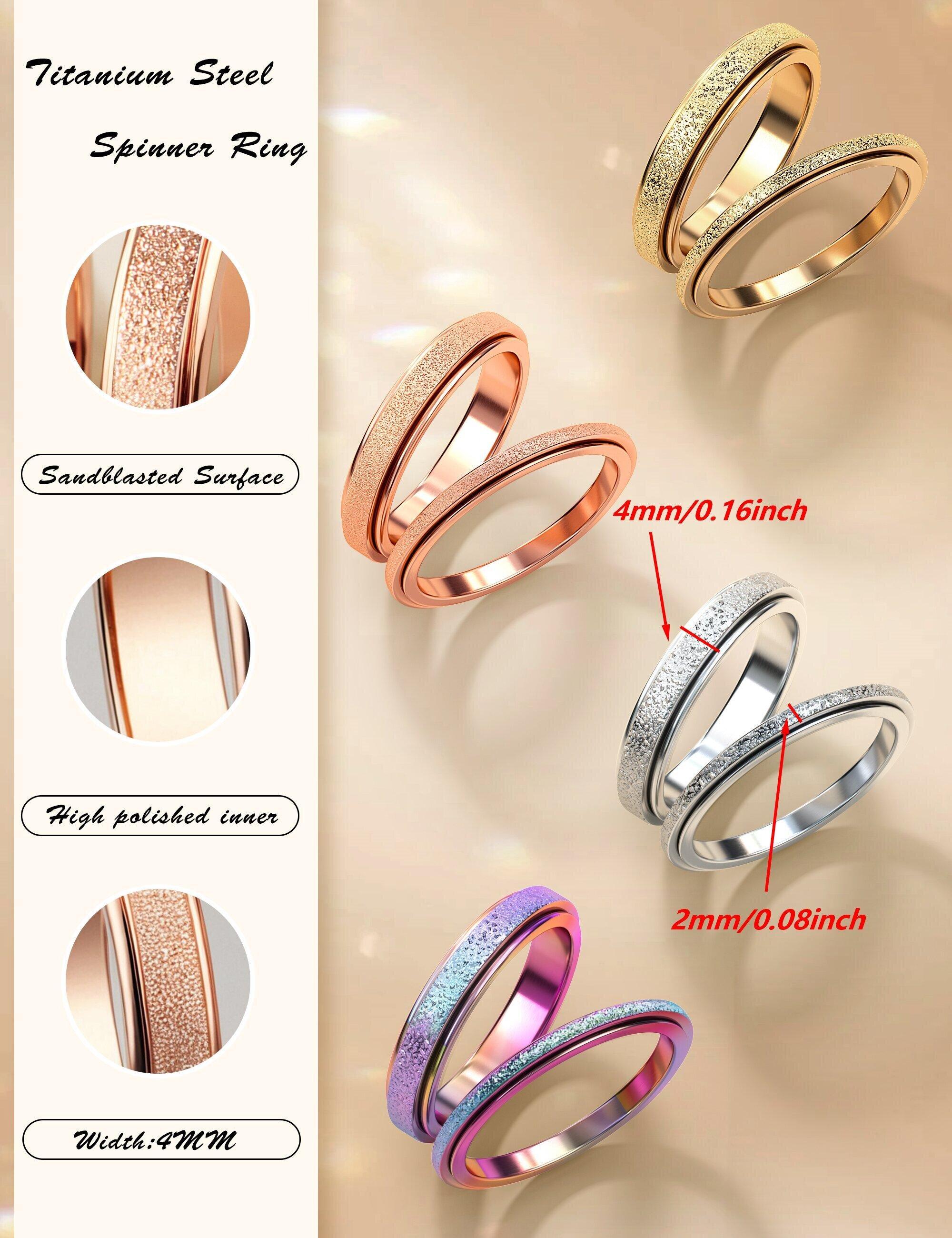 Trendy Fidget Rings for Women Men -2 4mm Titanium Steel Spinner Ring for Anxiety Stress Relief Glitter Sandblast Spinning Figit Anxiety Jewelry for Women Gifts