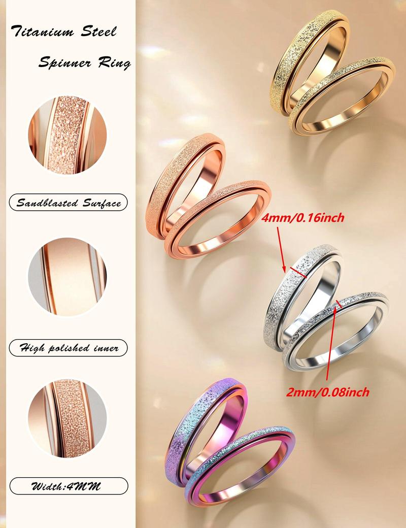 Trendy Fidget Rings for Women Men -2 4mm Titanium Steel Spinner Ring for Anxiety Stress Relief Glitter Sandblast Spinning Figit Anxiety Jewelry for Women Gifts