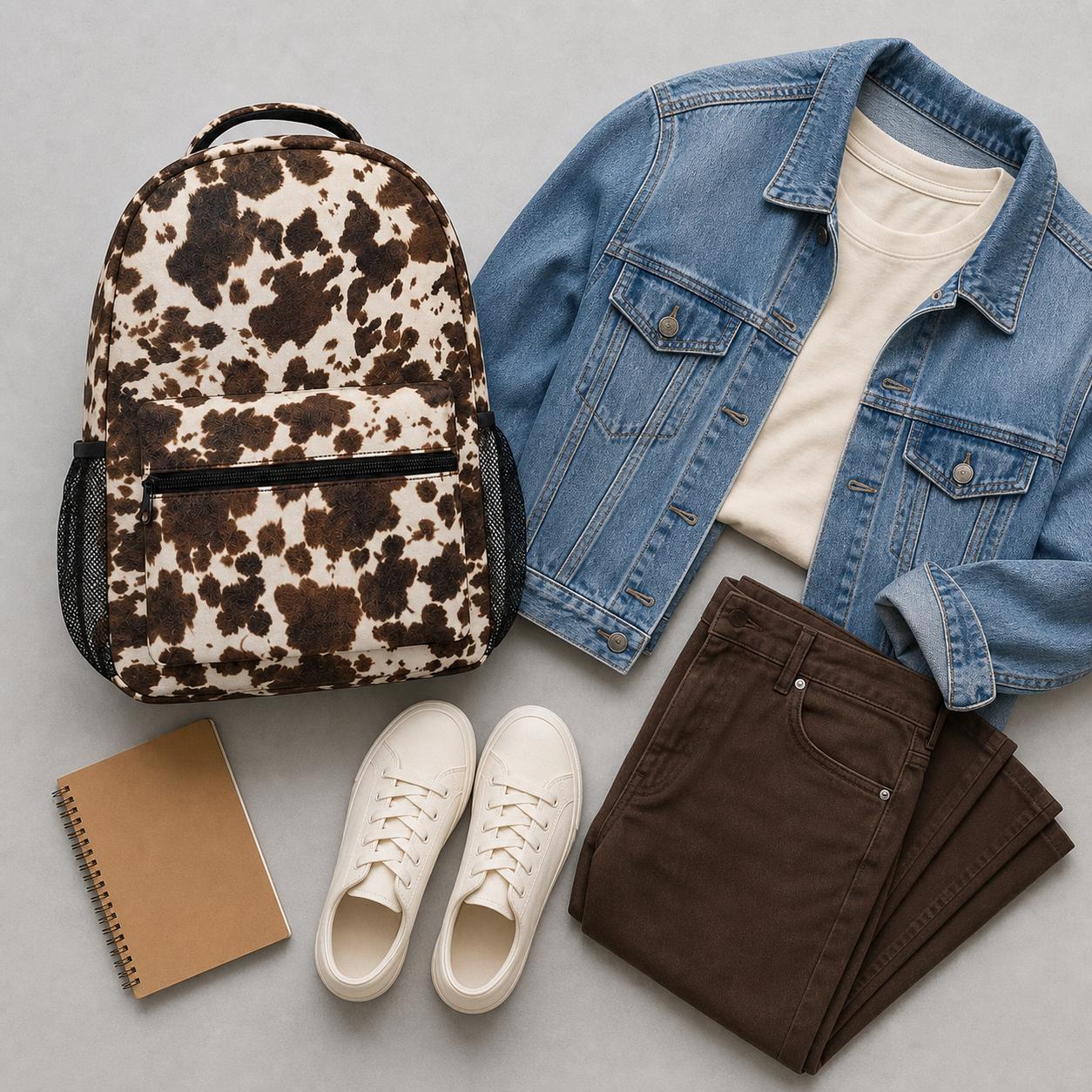 Polyester Brown & Cream Cow Print Backpack with Organic Spots - Western Animal Pattern Daypack, Front Zipper Pocket, Dual Mesh Pockets, Top Handle, Adjustable Shoulder Straps for School/Work, Gym Use, Backpack Bags, Printed Backpack