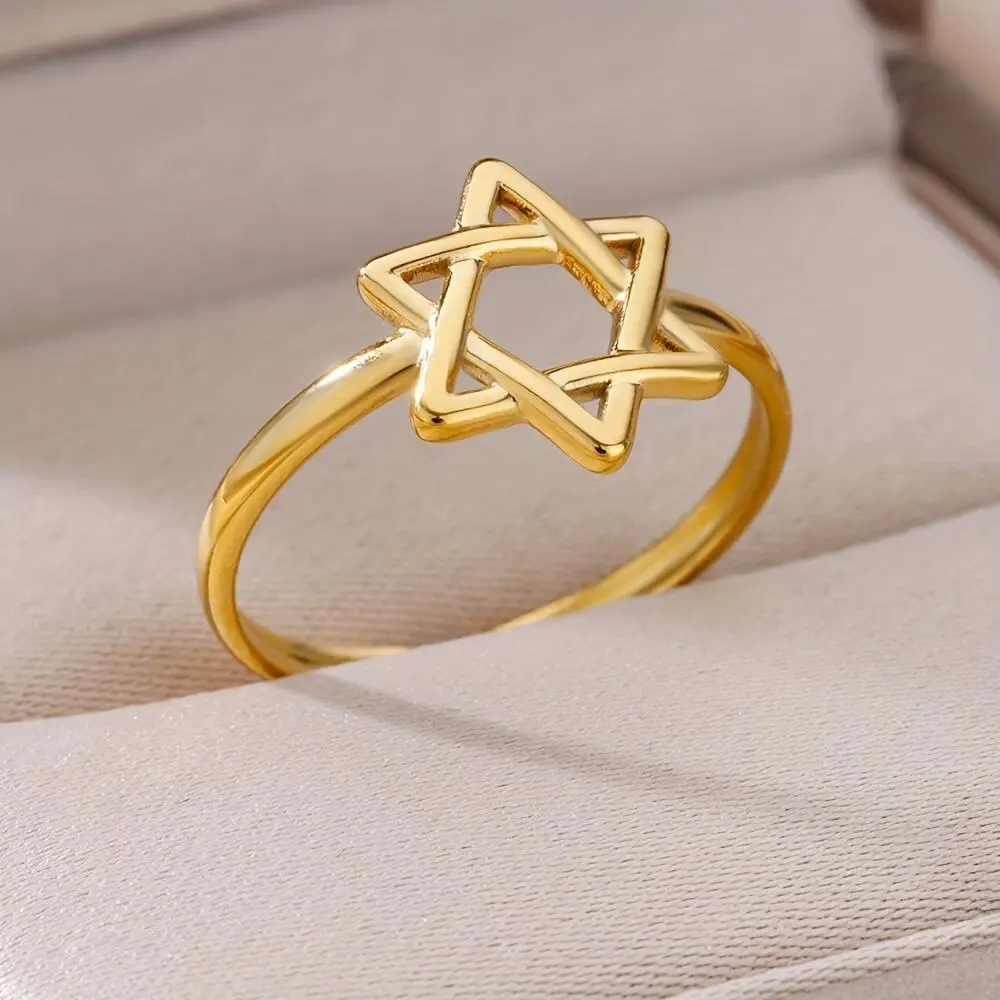 1pc Simple Golden hydraulic stainless steel hexagonal star opening ring, suitable for daily and holiday wear, hexagonal star element, perfect gift