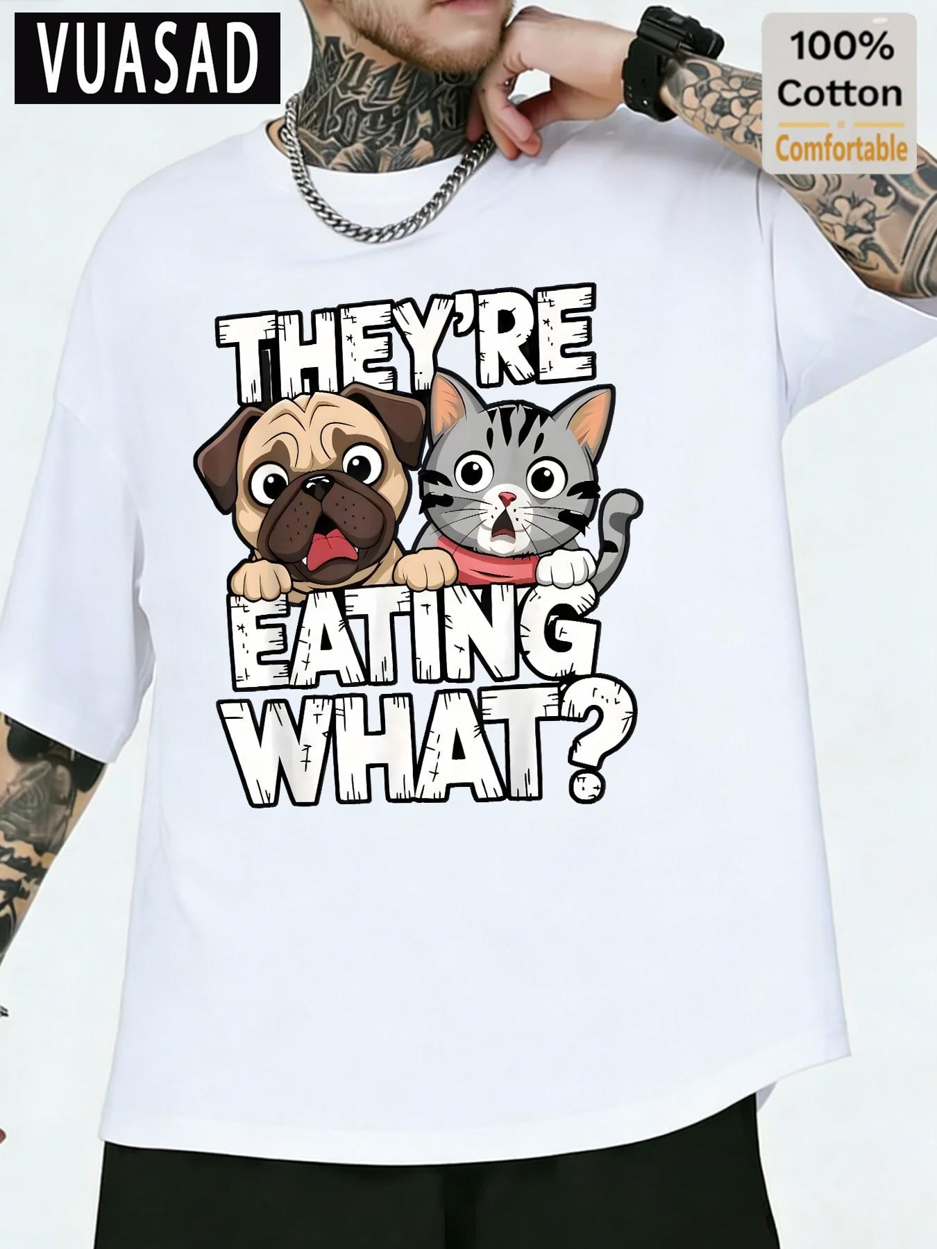 Men's Casual Cotton Short Sleeve T-Shirt, Pet Cat Dog Slogan Print, Loose Fit, Street Style, Half Sleeve Top, Trendy Fashion