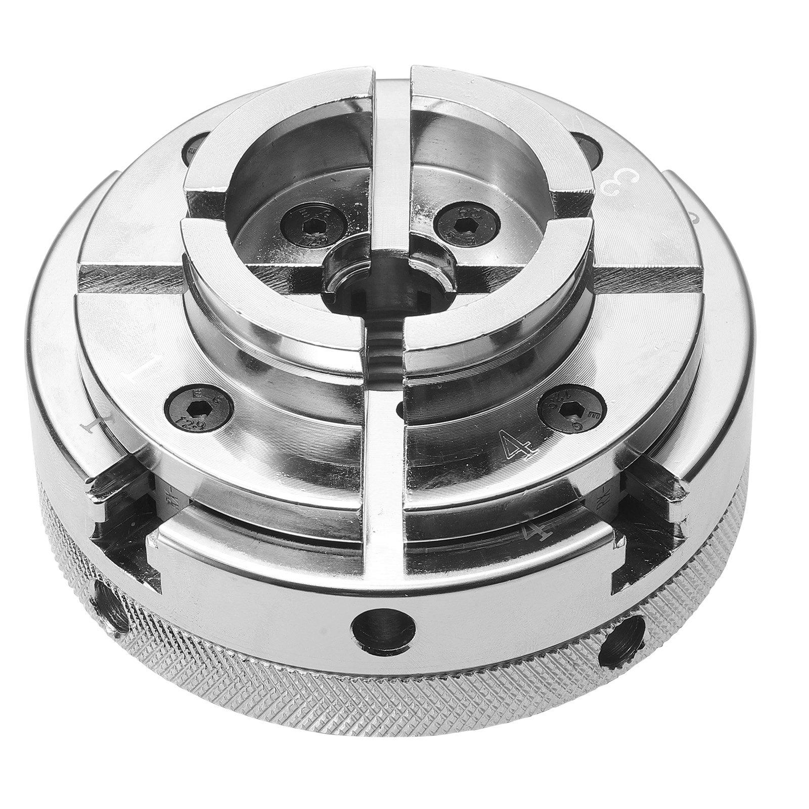 VEVOR 4 Inch Wood Lathe Chuck, 4-Jaw, Self-Centering Wood Turning Chuck Set with 1" x 8TPI Thread & Adapter, 4 PCS Round/Step/Pin Jaws, Case, Nickel-Plated, High-Hardness Steel, for Woodworking Lathe