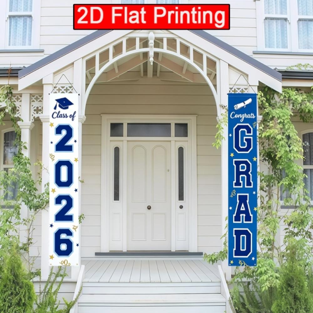 2DFlat2pcs 2026 Class  Graduation Door Banner, Blue and White Color Scheme with Grad Cap, Diploma and Star Elements, Ideal for 2026 Graduation Ceremony, Grad Party, Appreciation Dinner, School Celebration, Also as Porch or Wall Hanging,