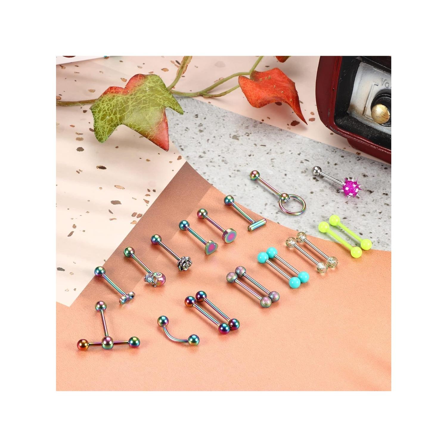 20Pcs 14G Tongue Rings for Women Men 316L Stainless Steel Skull Heart Tongue Piercing Jewelry