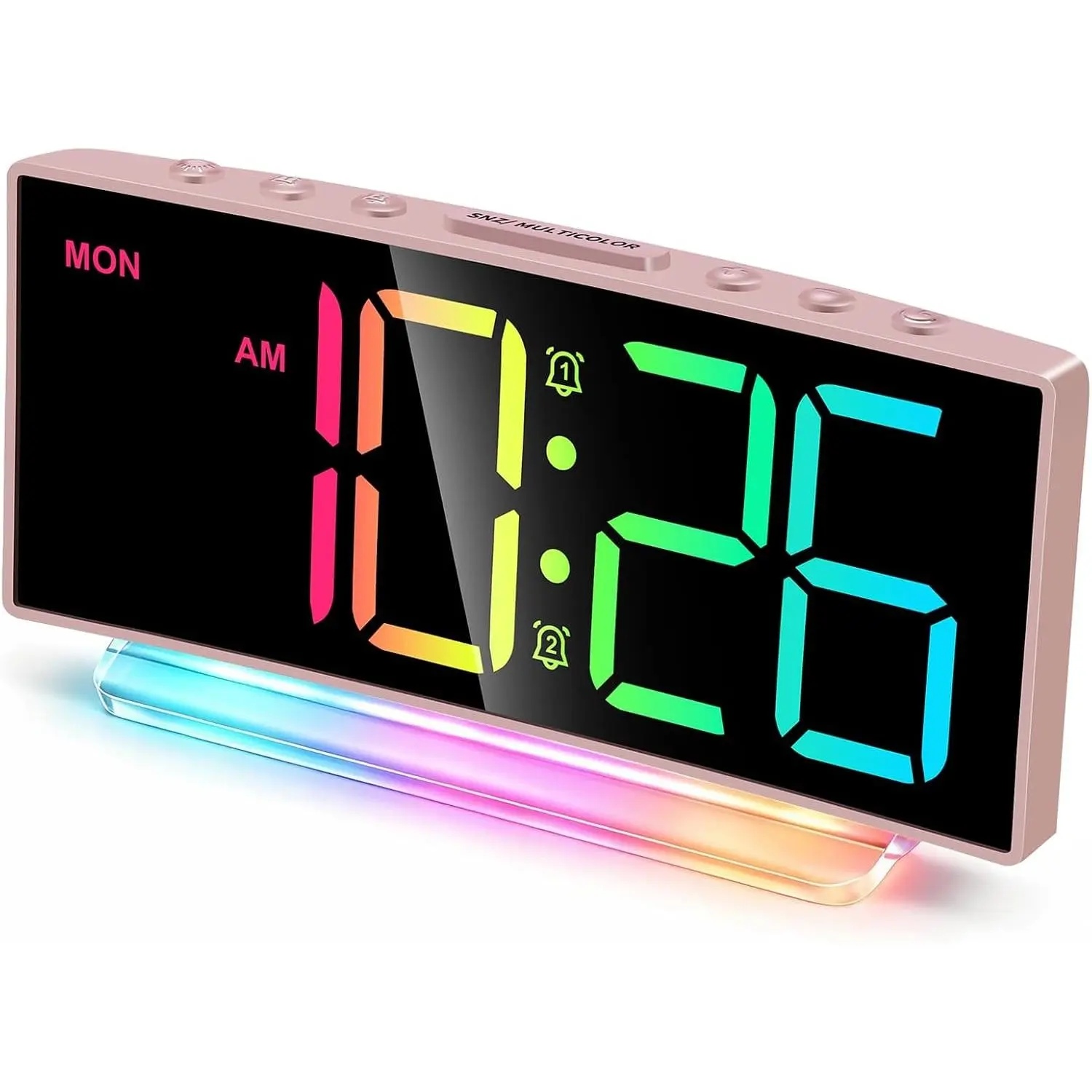 Modern Curved Cute Digital Alarm Clock, Colorful LED Display, Adjustable Volume, Weekday/Weekend Mode, Simple Clock for Bedrooms Bedside, OK to Wake Up for Girls, Kids, Teens (Pink+Dynamic)