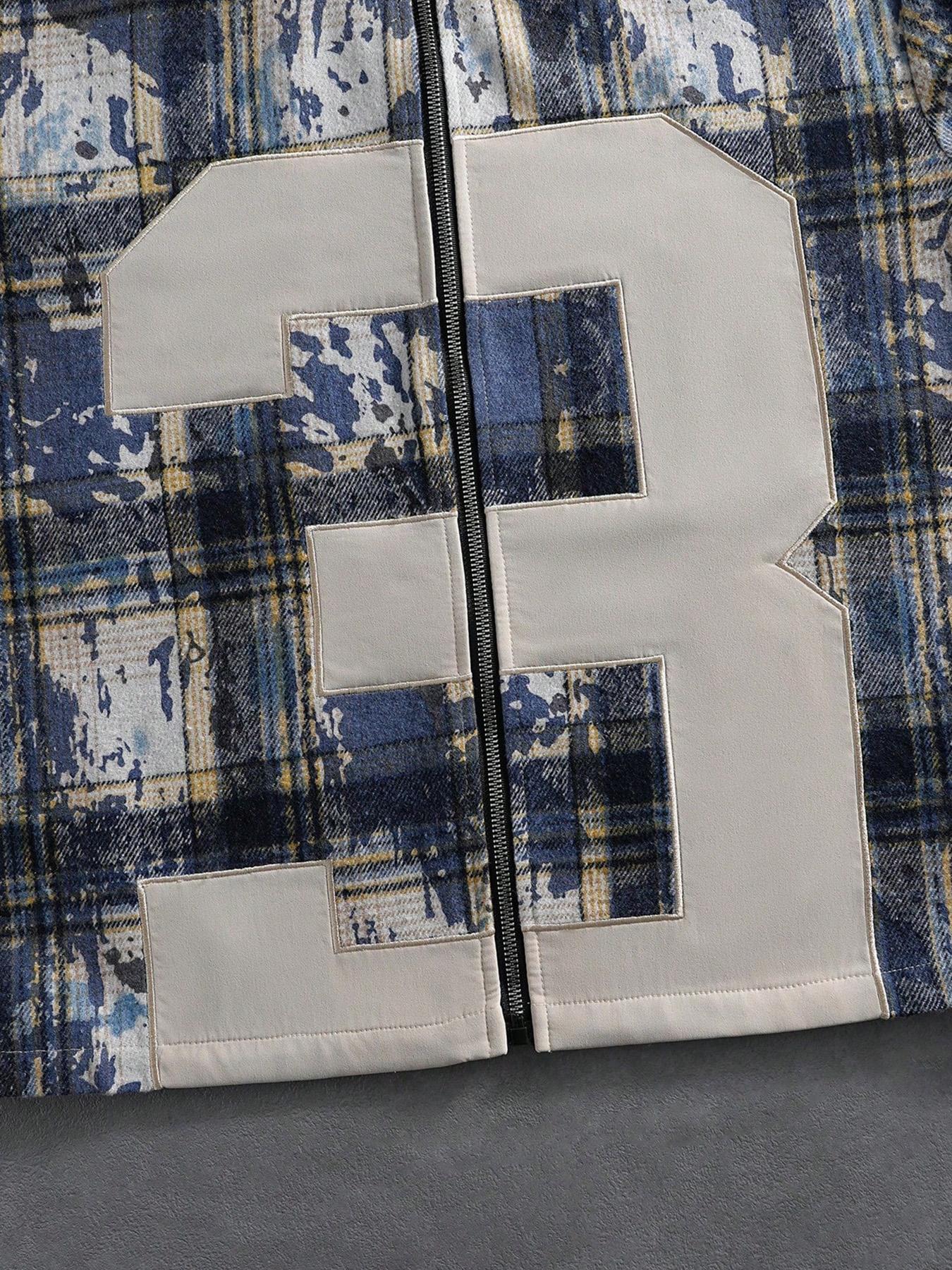 Men's Blue/Yellow/White Checkered Bomber Jacket with Oversized "3" Number Design, Regular Fit Cozy Causal Top, for Urban Street Style