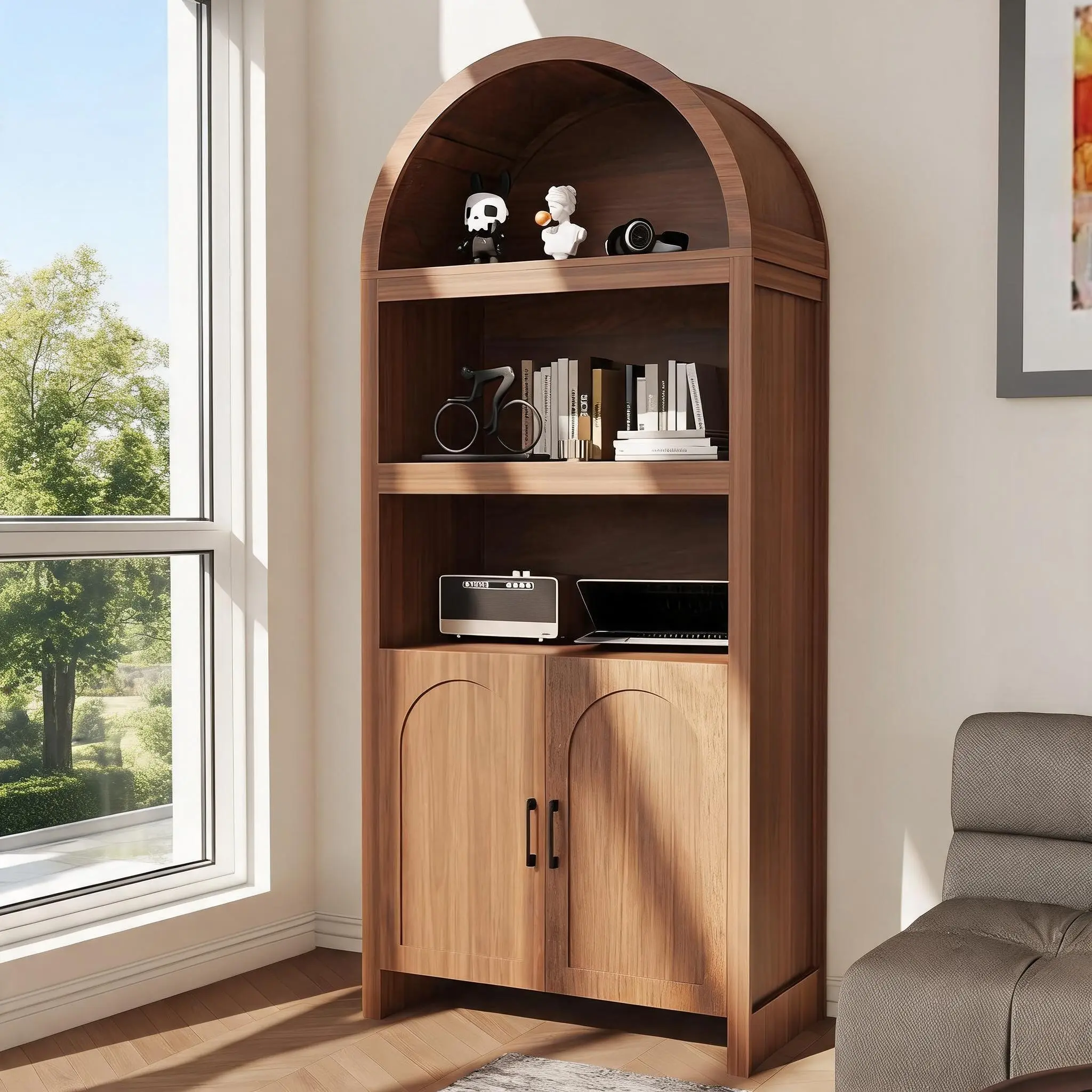 71" Tall Arched Display Cabinet,5-Tier Bookshelf Modern Farmhouse Arched Bookcase with Open Display Shelves and Adjustable Shelf,Wooden Pantry Storage Cabinet for Living Room, Office and Kitchen,Brow