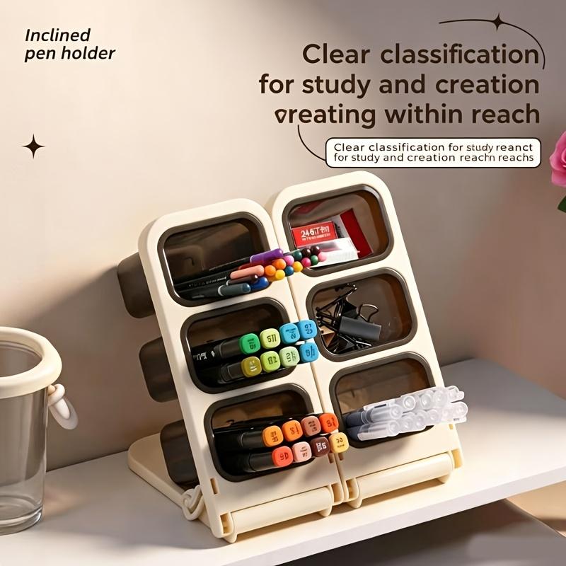 1pc Tilted Pen Holder - 3-Tier Desktop Storage Box with Easy Access Slots, Large Capacity Organizer for Markers, Pens & Supplies. Aesthetic Desk Accessory for Students, Home Office, Vanity & Study. Great Gift for Back to School, Birthdays & Holidays.