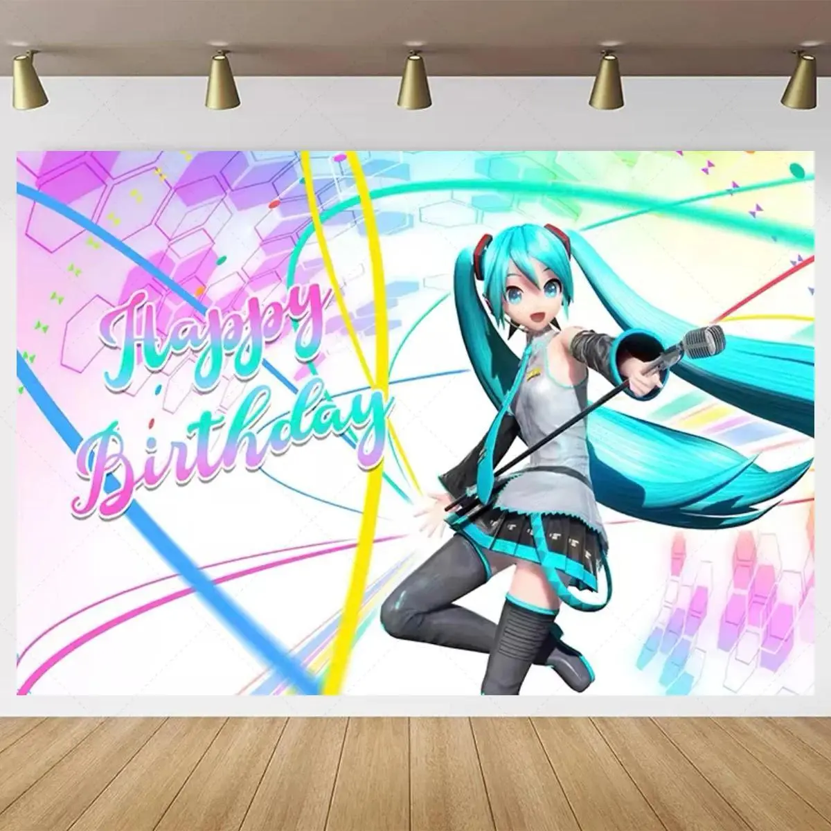 Hatsuned Miku Blue Birthday Party Backdrop Concert Neon Stage Leek TwinTail Custom Photo Booth Girls Kid Baby Shower Party Decor
