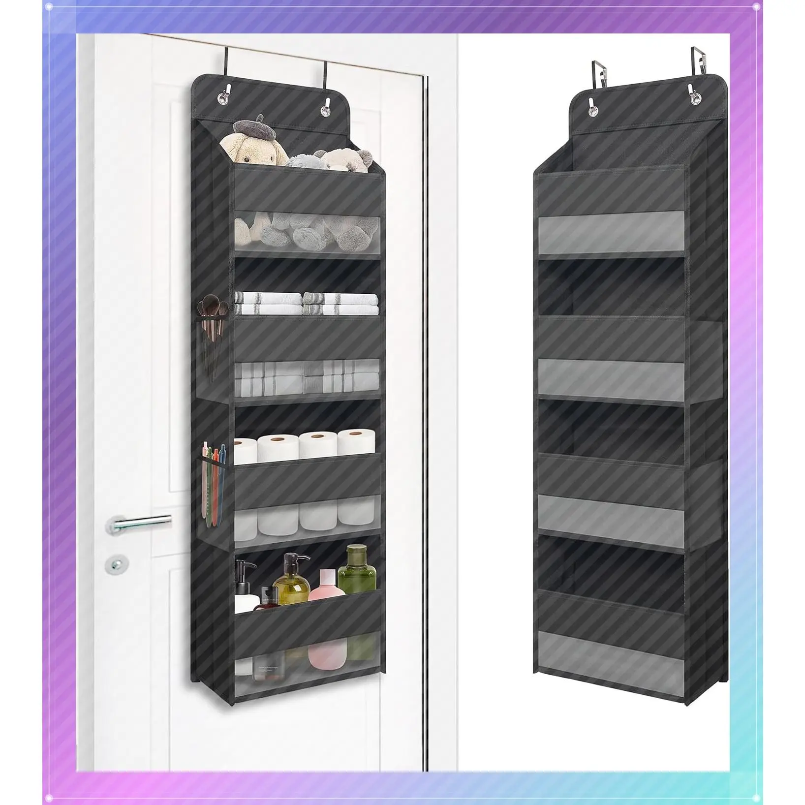 Black Over Door Organizer with 4 Large Clear Pockets, Compact Hanging Door Storage for Closet, Bathroom, Bedroom, Dorm, Nursery, Toys, Cosmetics, Baby EssentialsGift