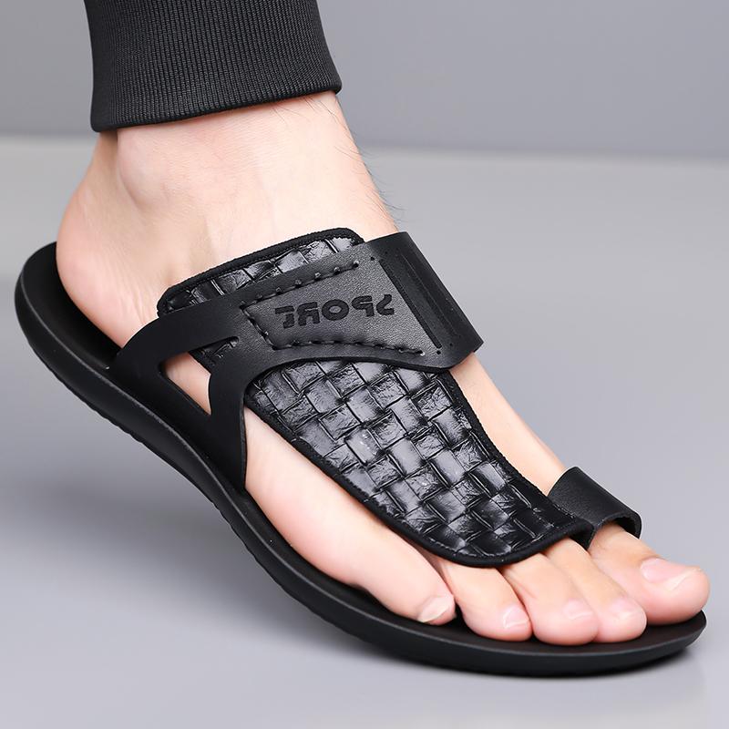 Men's Summer New Sandals, Letter Print Straw Texture, Trendy Anti-Slip Thin Sole, Casual Beach Shoes, Fashionable and Comfortable