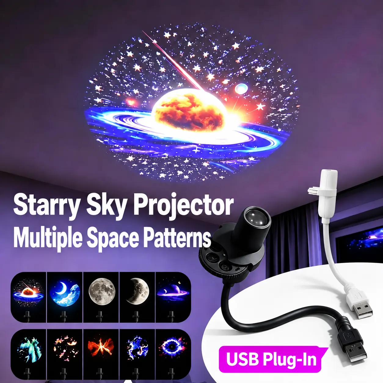 2026 New USB Plug-In Starry Sky Projector Night Light, Multiple Space Galaxy Projection Patterns, LED Wall & Ceiling Projector with Planet Moon Universe Effects, Bedroom Decor Light for Kids Room, Party & Gifts