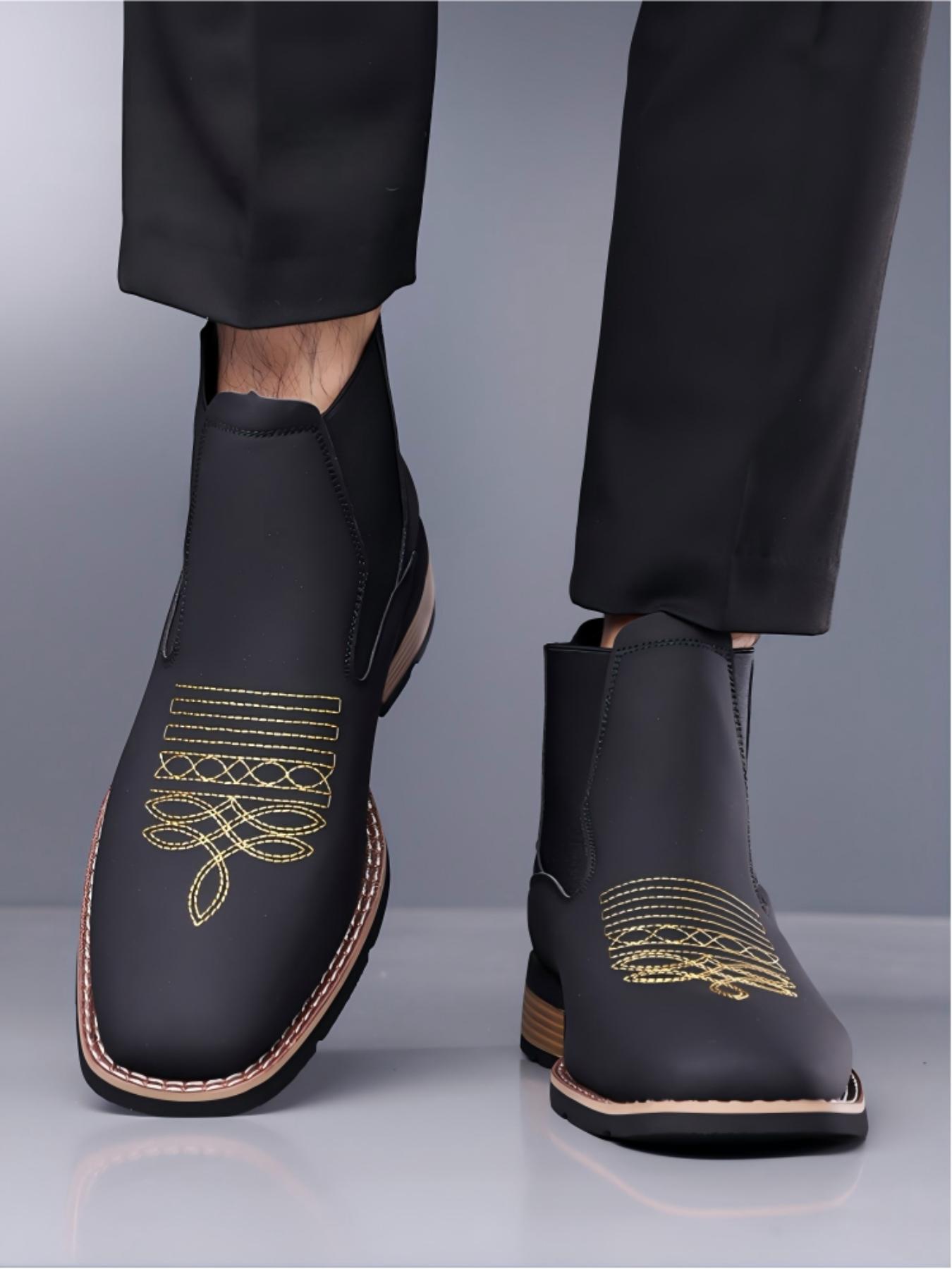 Vintage Embroidered Western Cowboy Chelsea Boots, Western Style Boots, PU Material, Geometric Pattern, Slip-On Design, Fall & Winter Fashion