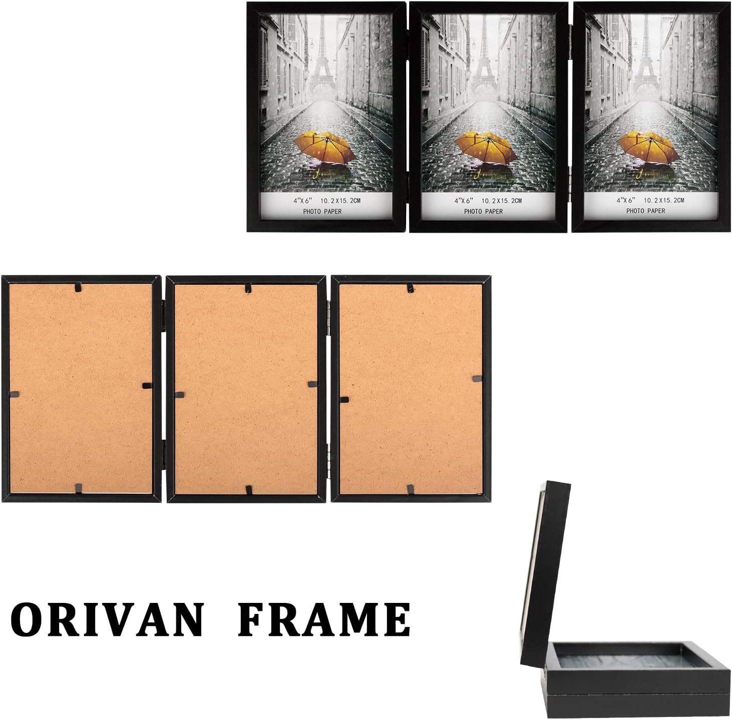 4x6 Triple Picture Frame Hinged 3 Photos – Folding Photo Frame with Real Glass, Vertical Stand Black Collage Frame for Tabletop Display