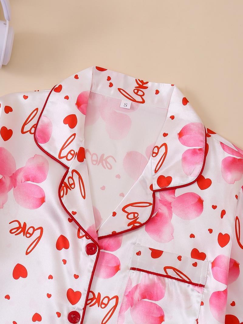 Women's Floral Heart Pattern Two-Piece Sleepwear Set, Button Front Short Sleeve Top and Elastic Shorts, Valentine's Day Elegant Homeewear