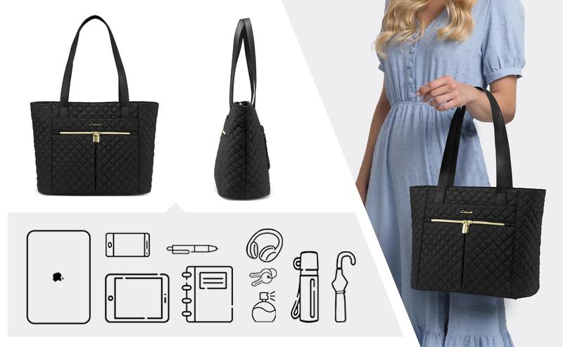 LOVEVOOK Laptop Bag, Women's Quilted Shoulder Bag, Large Capacity Tote with Small Pouch, Stylish Briefcase Suitable for Nurses, Teachers, Professional Women
