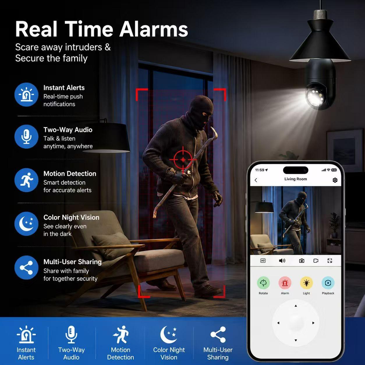 2.4GHz WiFi Security Camera, 2k Wireless Outdoor Motion Detection, Two-Way Audio, Color Night Vision, Human Body Detection, Bulb Camera