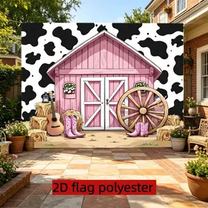 2D Flat 1PC Polyester Pink Western Farm Banner Cow Print Barn Decor for Indoor & Outdoor Western Themed Party Farm Gathering Photo Backdrop Available in Multiple Sizes