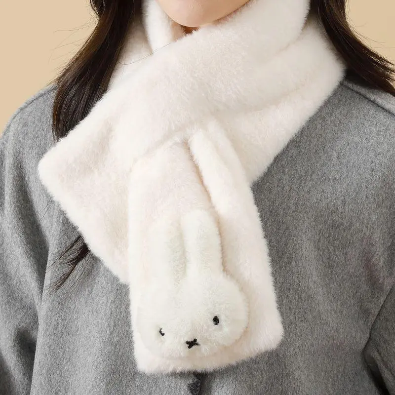 Miffy Cartoon Rabbit Plush Scarf Soft Warm Winter Cross-Over Neck Warmer Cute Short Style for Women & Teens Versatile & Cozy