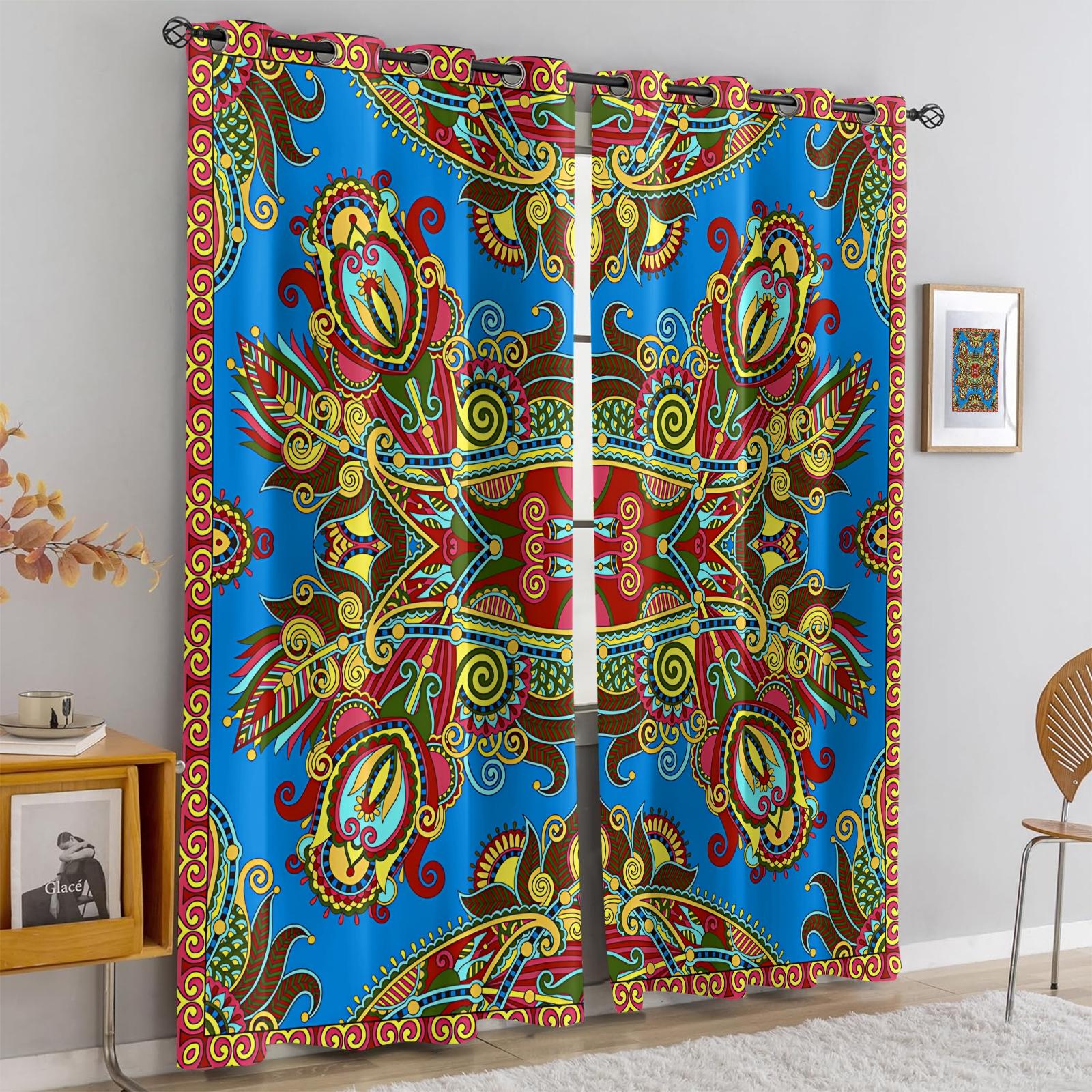 2 Panels Set Boho Paisley Digital Print Window Drapes, Vintage Ethnic Style Darkening Grommet Curtains, Thermal Insulated Privacy Blackout Drapes, Decorative Window Treatment for Living Room, Bedroom, Dorm, Home Office