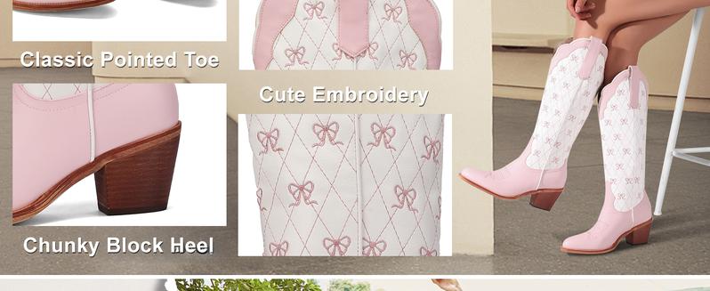 Chic Women's Cowboy Boots | Elegant Bow Embroidery & Color-Block Design on Knee-High Shaft | Pointed Toe & Chunky Heel for a Bold Western Look | Perfect for Prom, Party, or Dressy Casual Occasions.