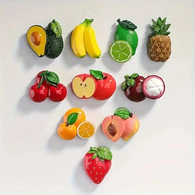 10Pcs Cute Fruit Print Magnetic Fridge Magnets, Colorful Strong Hold Refrigerator Magnets, Everyday Home Kitchen Decor Set