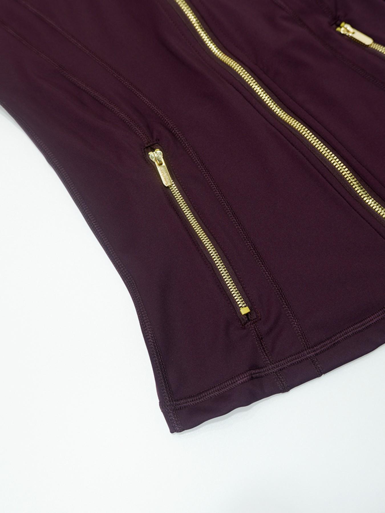 Women's running, sports, yoga wear, zip front jacket, gold zipper, stand collar, top, outerwear